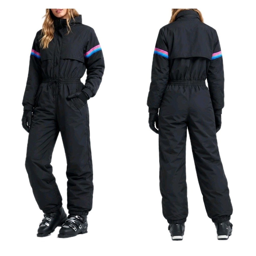 Vtg 80s 90s Ski West One Piece Ski Snow Suit Womens M Black Neon Rainbow Stripe
